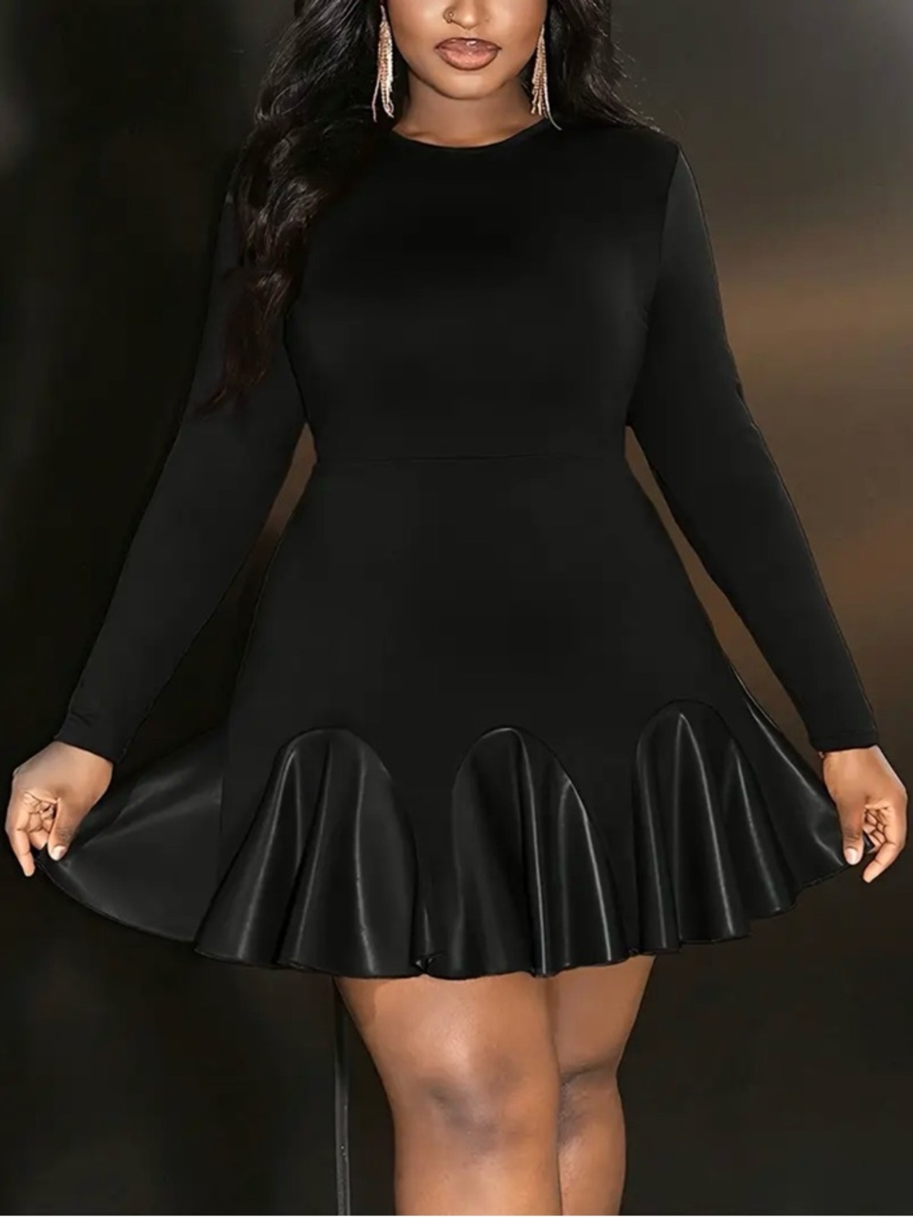 SHEIN Black Long Sleeve Mini Dress with Scalloped Flared Hem